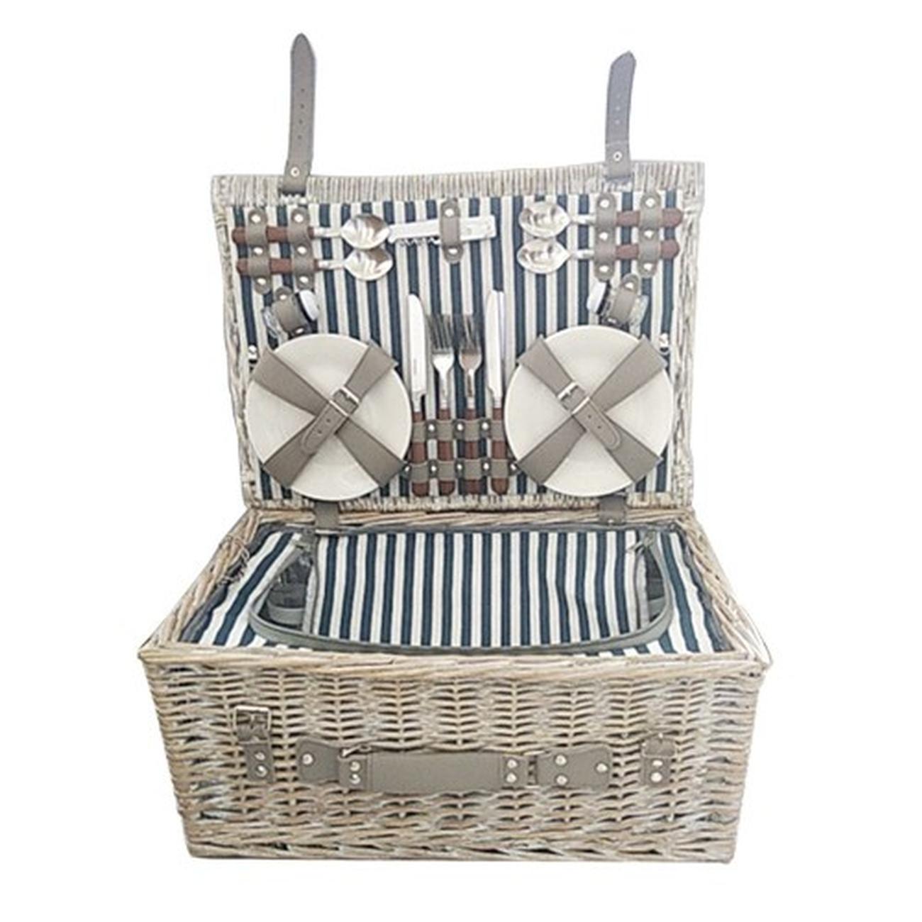 traditional-4-person-picnic-hamper-navy-stripes - Traditional Picnic Basket for 4 Navy Stripe