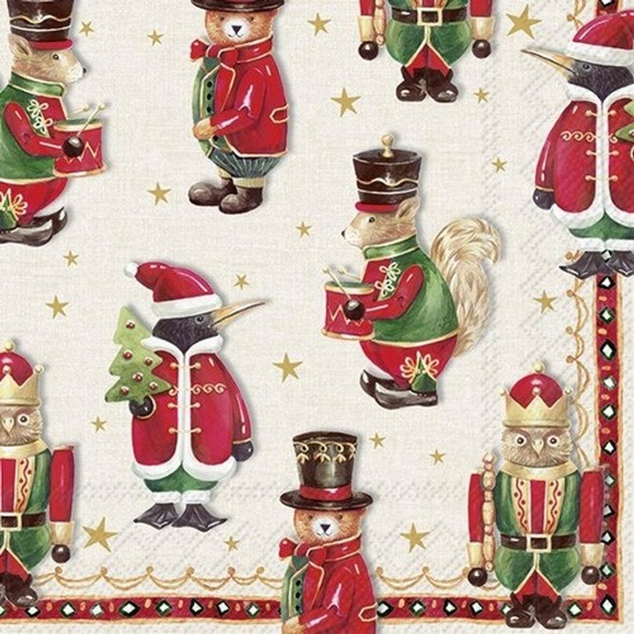 ihr-christmas-linch-napkins-animal-figures-cream-red - IHR Christmas Lunch Napkins Animal Figures Cream Red