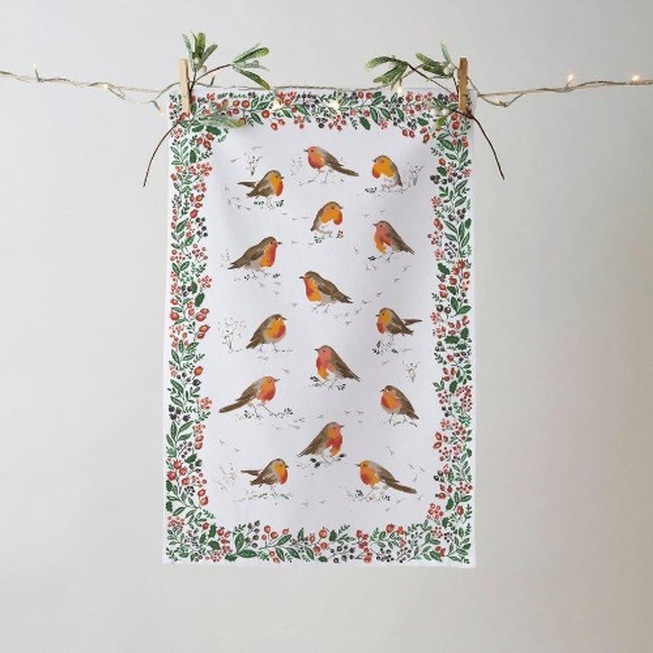 uw-robins-and-berry-white-tea-towel - Ulster Weaver Recycled Cotton Robins & Berry Tea Towel
